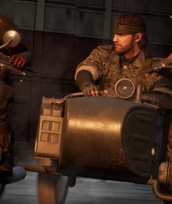 snake sitting in a motorbike sidecar in metal gear solid delta.
