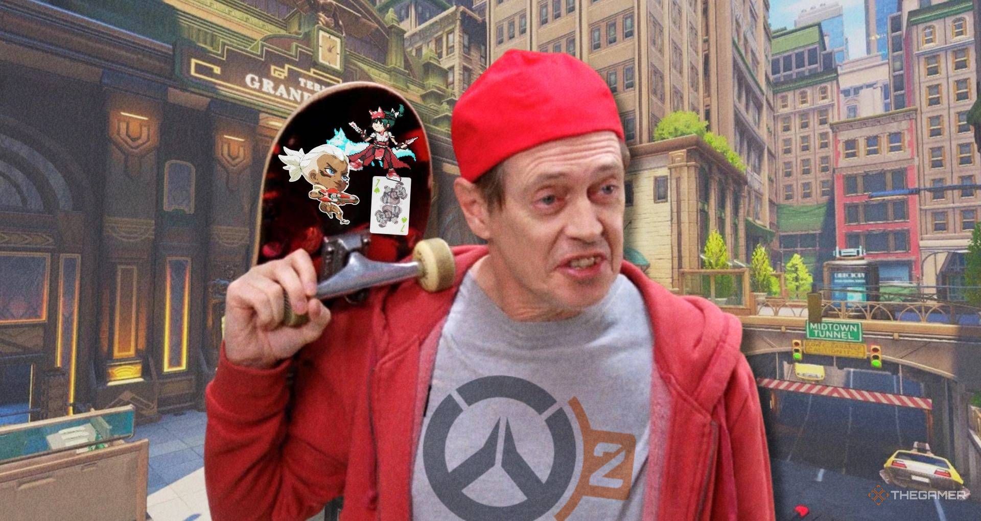 Steve holding a skateboard and wearing an Overwatch 2 shirt.